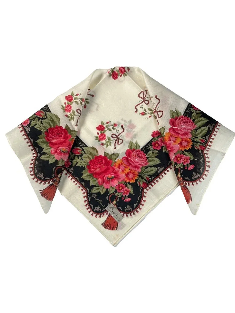 NWT Hardy Amies Vintage Floral Cotton Scarf Roses Tassel Border